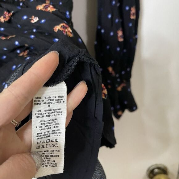 Free People Black Floral Star-Print Smocked long sleeve Mini Dress Size Small - Picture 2 of 7